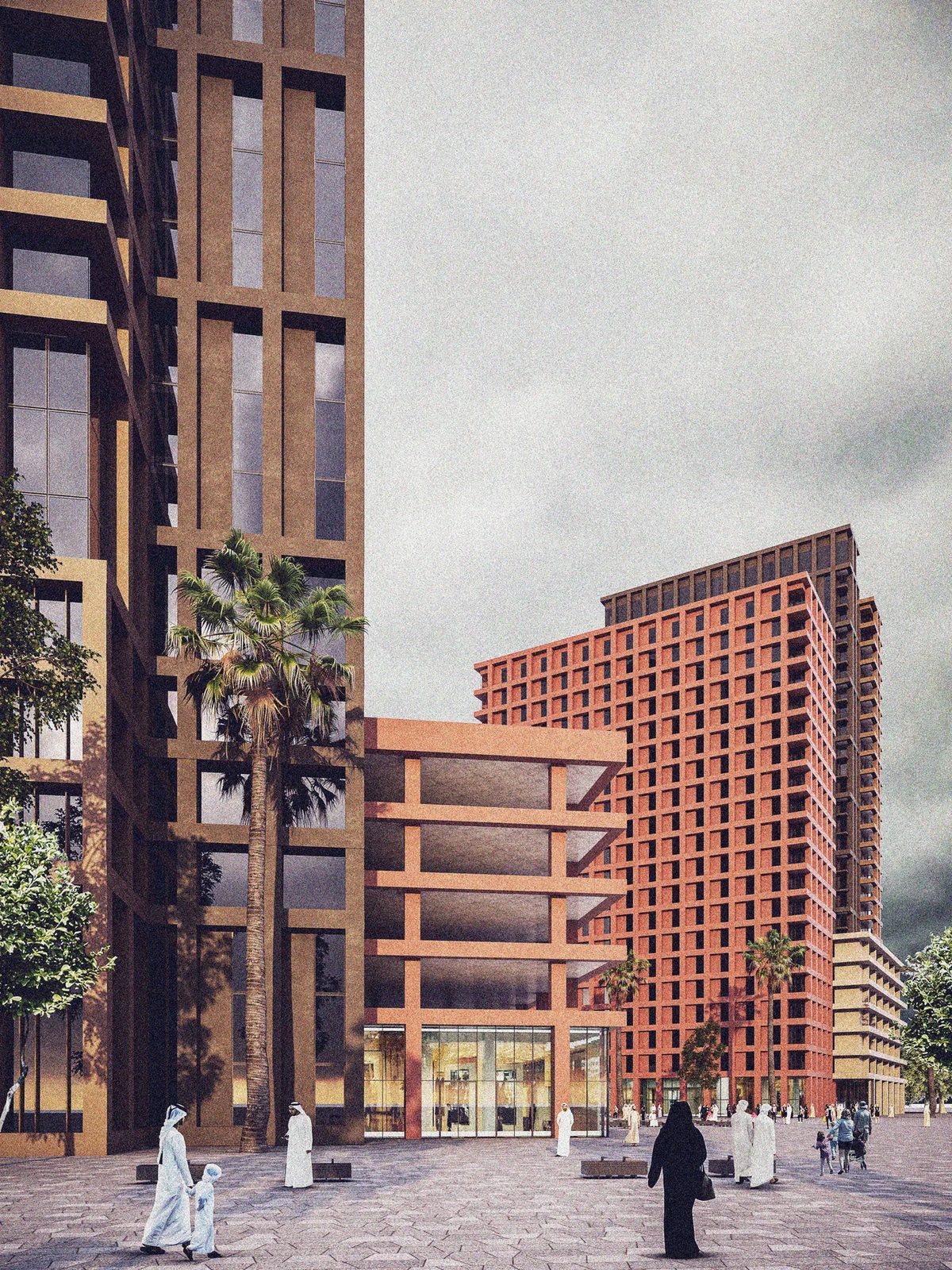 Street-level view of terracotta residential blocks and shaded public realm in Abu Dhabi co-living district