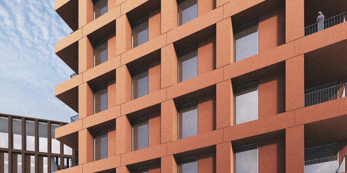 Close view of terracotta balcony facade for Abu Dhabi co-living residential tower