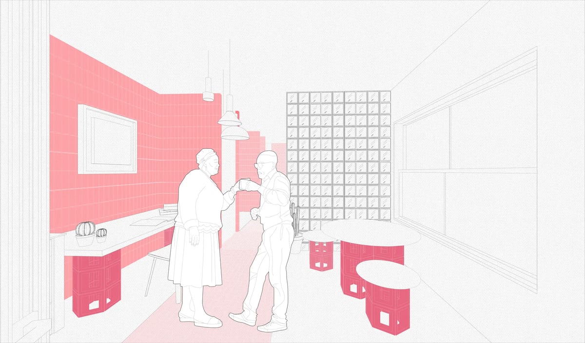 GSAPP East Room interior collage with red service wall, stools, and people gathering