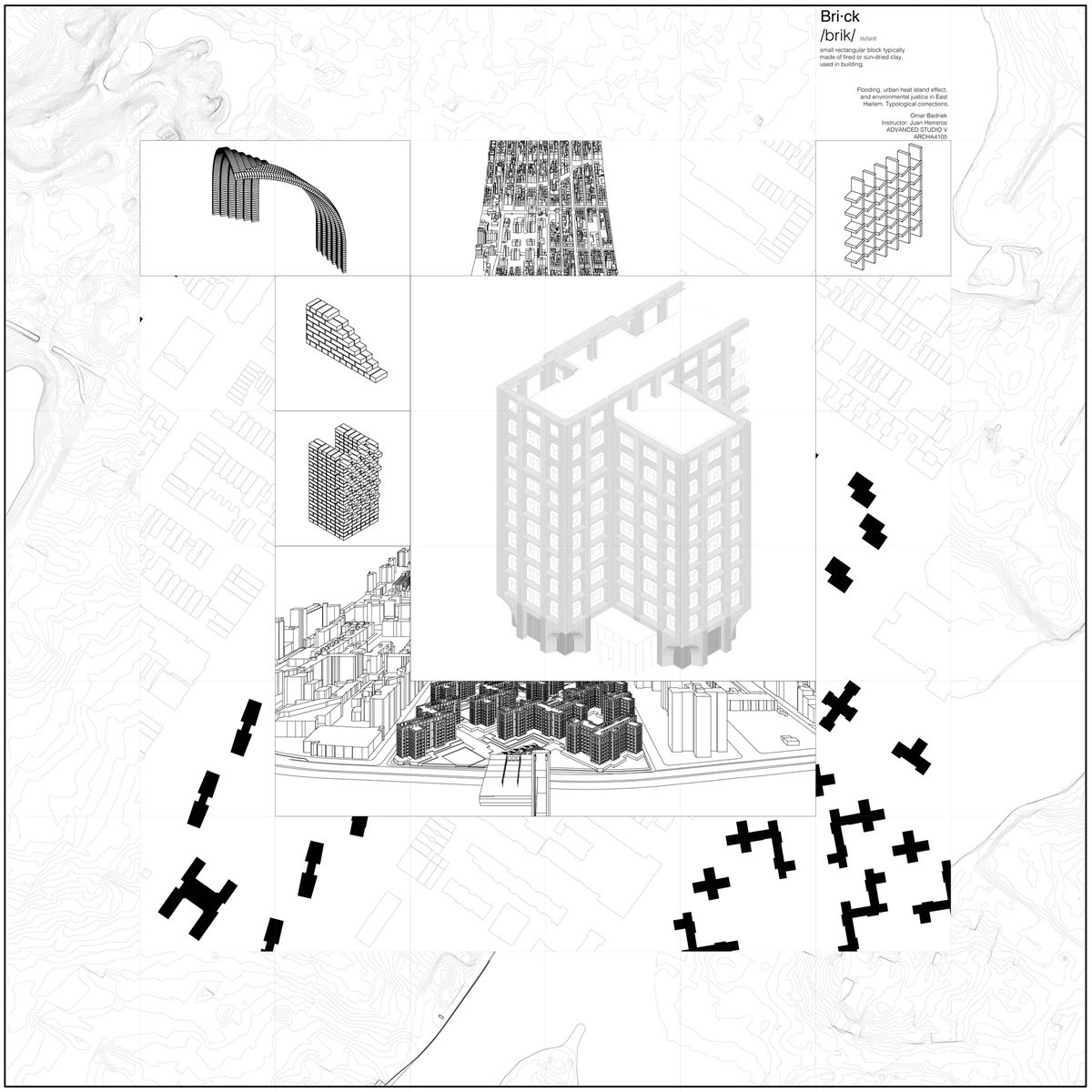 GSAPP East Room presentation board with axonometric studies, site drawings, and circulation diagrams