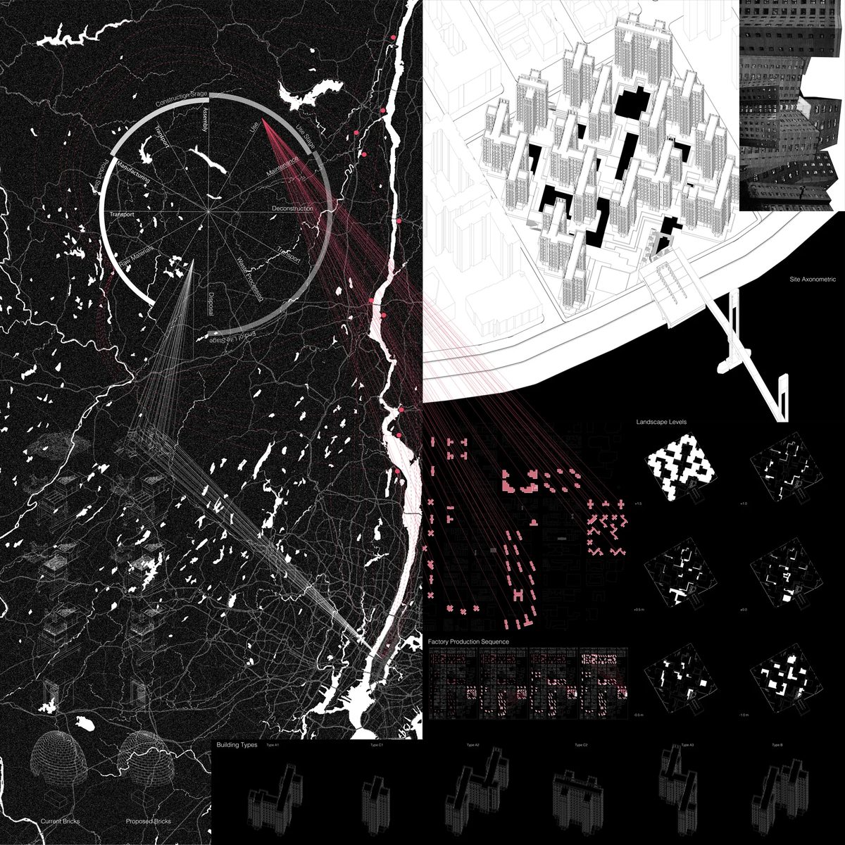 Dark analytical mapping board for GSAPP East Room showing city networks and spatial overlays