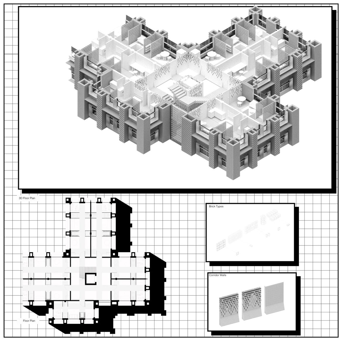 GSAPP East Room architectural board with floor plan, axonometric model, and material studies