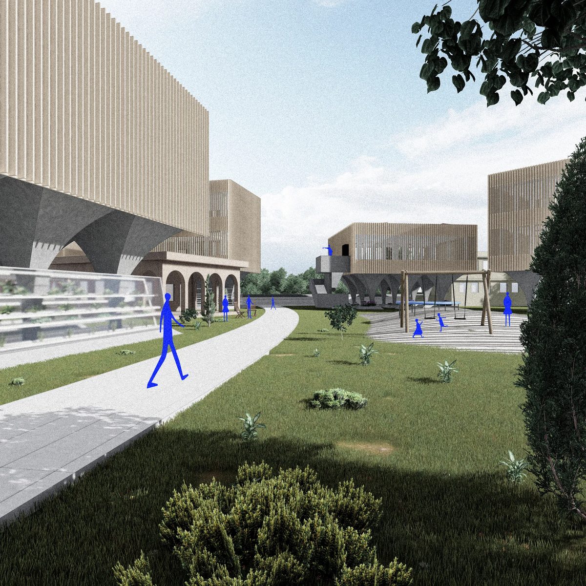 GSAPP public realm proposal showing civic buildings, lawn, paths, and blue pedestrian figures