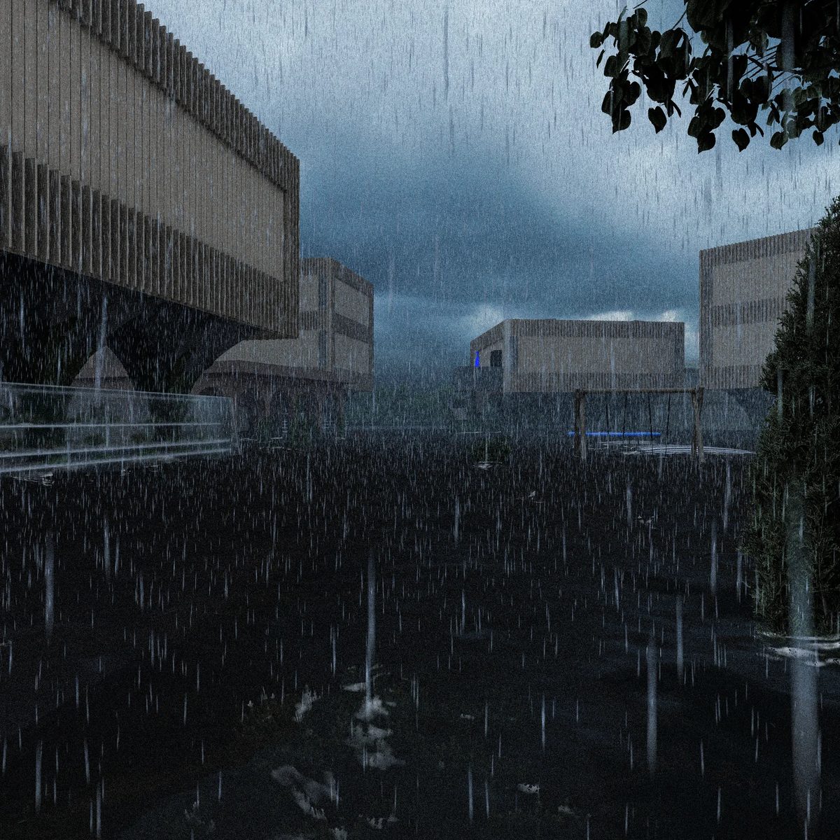 Rain study of GSAPP public realm with dark plaza, raised civic building, and stormwater atmosphere