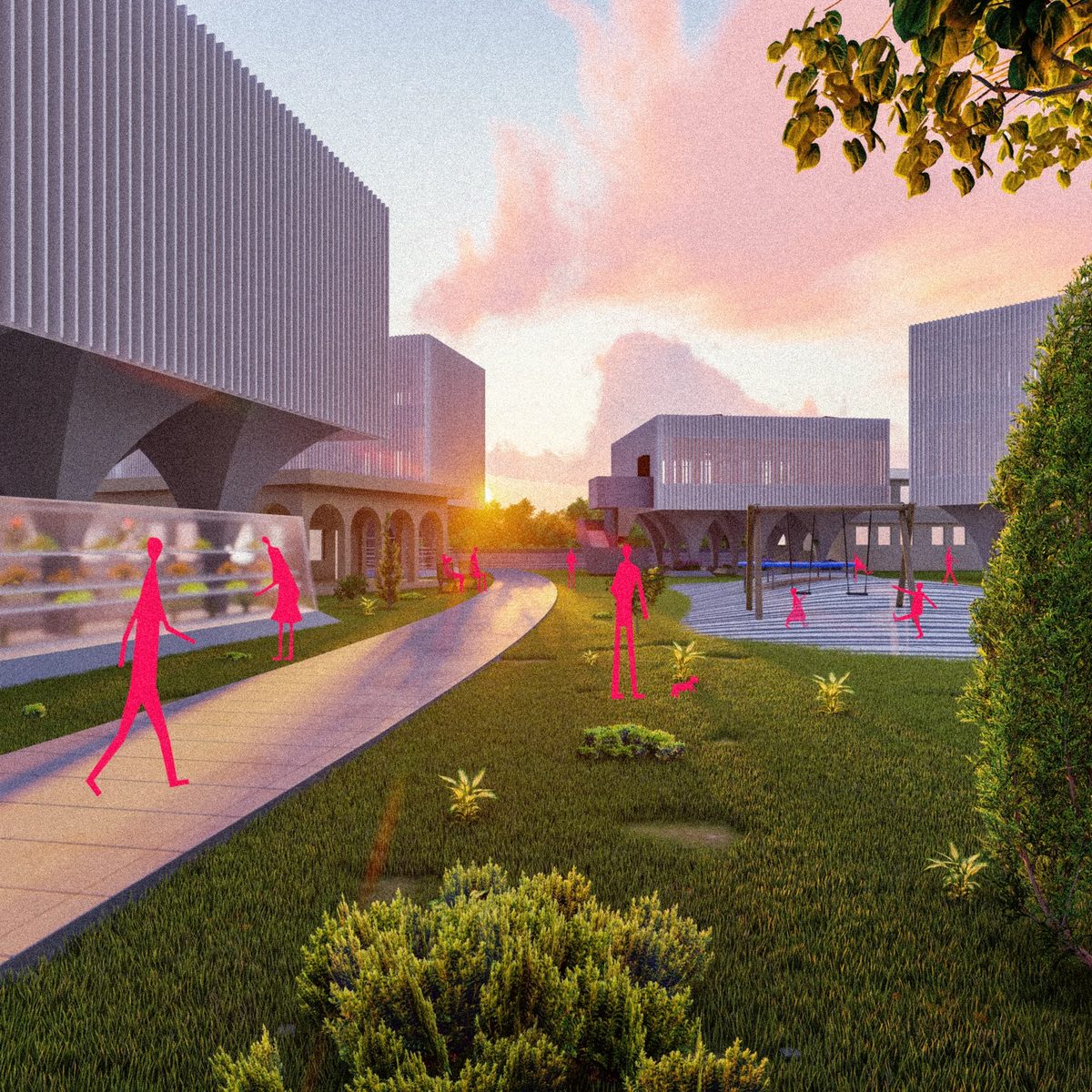 Sunset public realm render with civic lawn, pathways, and pink pedestrian figures
