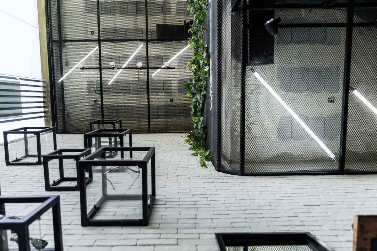 Exterior threshold of Jamjom prototype with mesh door, white block paving, and diagonal lighting