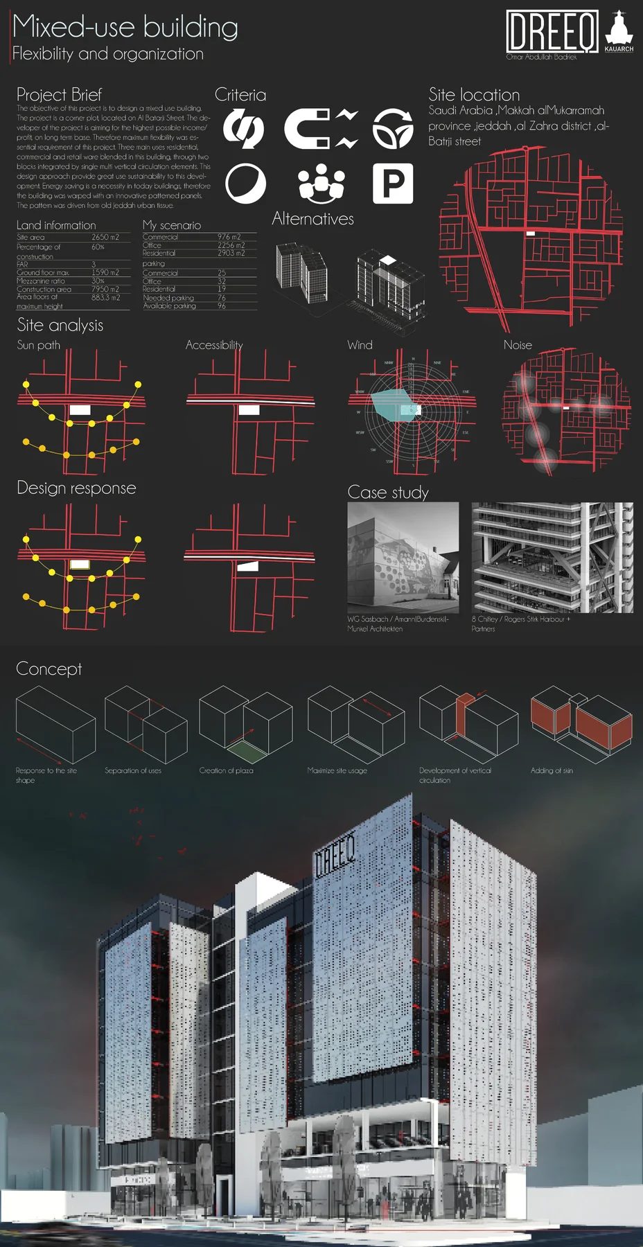 Maybe Vertical Studio tower research board with mechanical systems, diagrams, and high-rise render