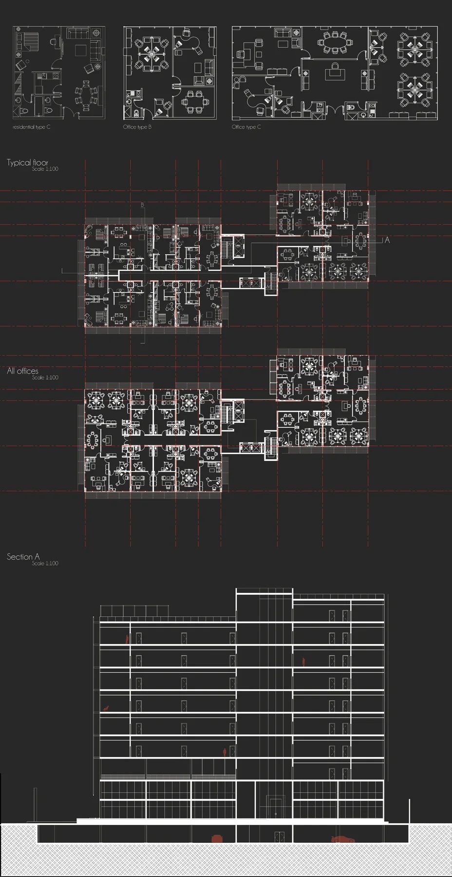Maybe Vertical Studio facade and structure board with residential plans and tower elevation