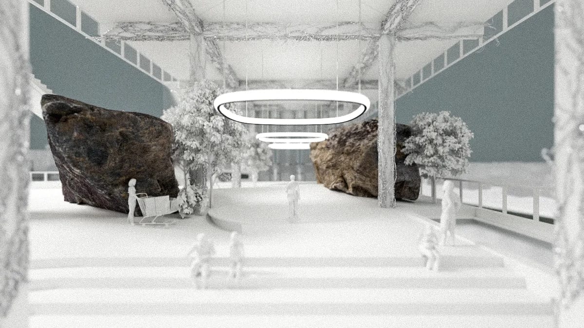 Moon X gallery interior with rock fragments, planted forms, and suspended luminous ring